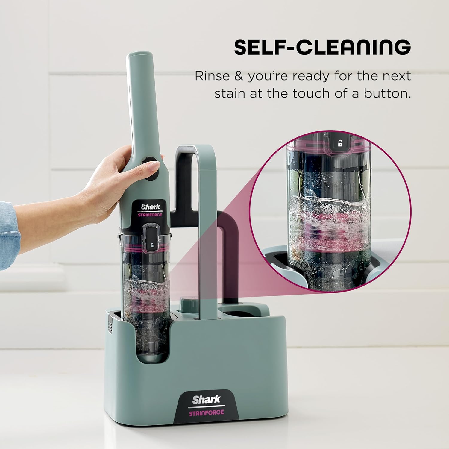 Shark StainForce Cordless Portable Spot, Stain, & Odor Remover System for Carpets, Area Rugs, Upholstery, Stairs, with Storage Caddy, Accessories, and Full-Size Cleaning Solution, Sage Green, HX101