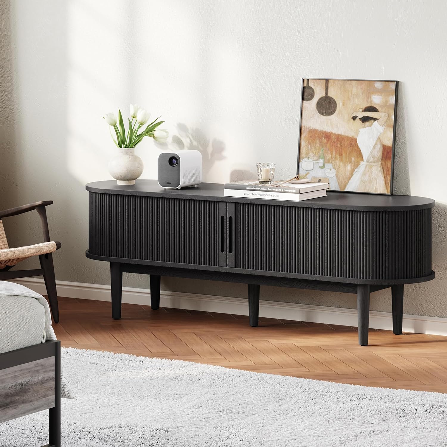 LINSY HOME 58' Fluted TV Stand for TVs up to 65 Inch, Mid Century Modern Entertainment Center with Storage Cabinet and Sliding Doors, Farmhouse Wood Media TV Console for Living Room, Bedroom, Black