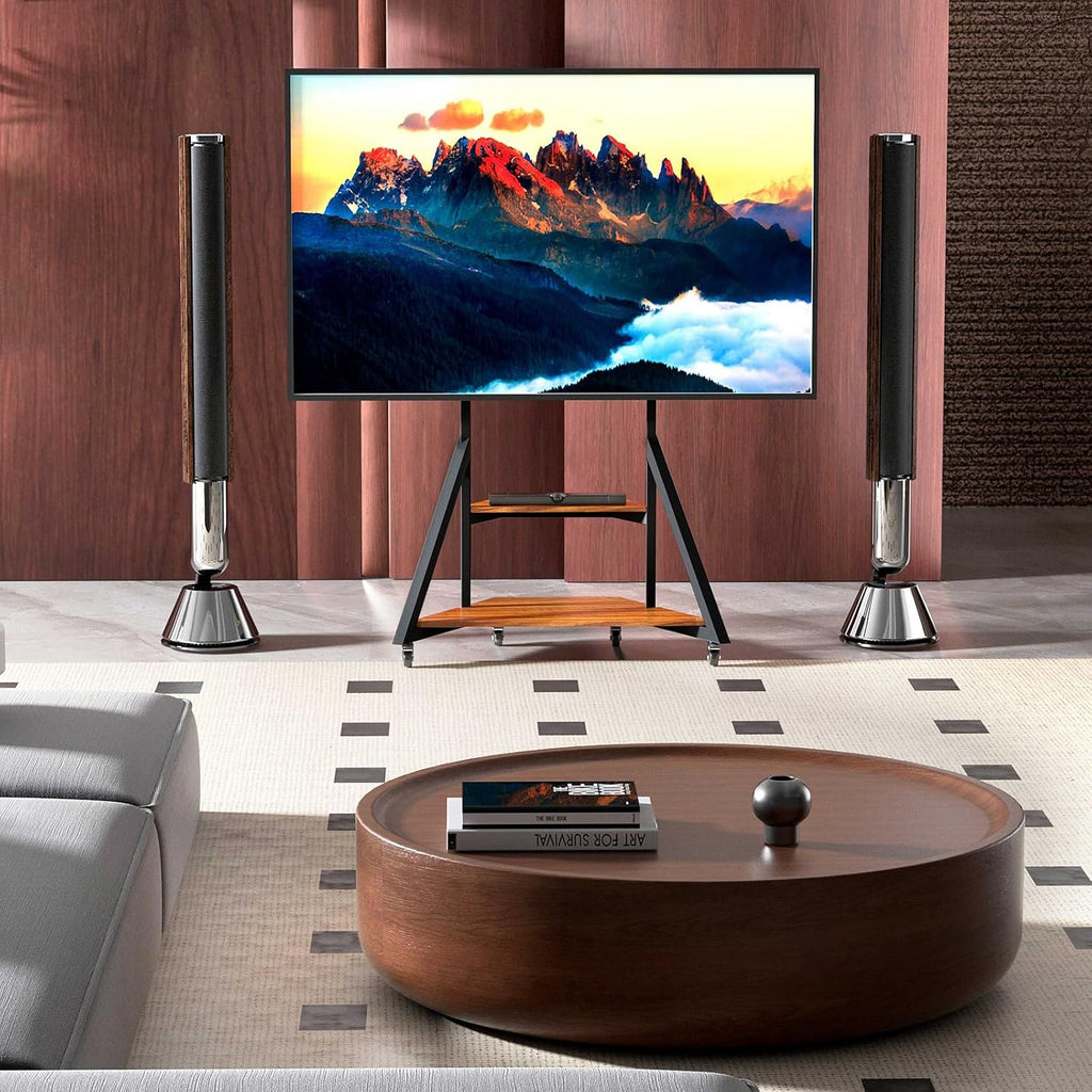 Mobile TV Stand for 40-75 Inch TVs, Adjustable Heights TV Mount Stands with Large Wood Shelf and Wheels, Modern Living Room Rolling TV Stand, Up to 180 lbs, VESA 600x400mm,Walnut(VC-Z1187)