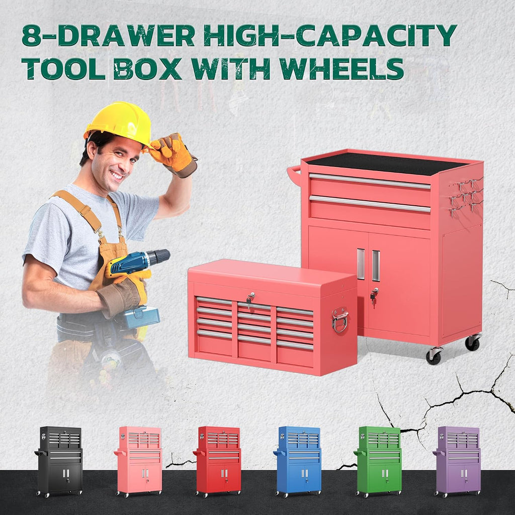 Greenvelly Tool Chest, 8-Drawer Rolling Tool Chest with Hooks and Lockable Wheels,Metal Storage Detachable Top Tool Box with Lockable Wheels for Garage,Workshop,Art Studio(Pink)