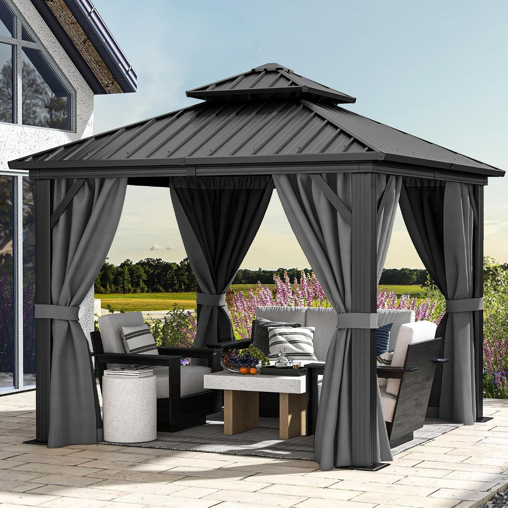DWVO 10x10ft Gazebo Double Roof Hardtop with Nettings and Curtains, Heavy Duty Galvanized Steel Outdoor Vertical Stripes Roof for Patio, Backyard, Deck, Lawns, Grey
