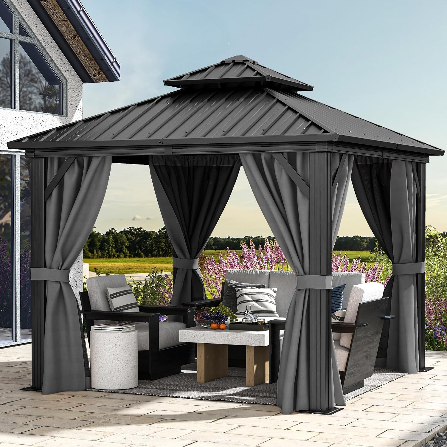 DWVO 10x10ft Gazebo Double Roof Hardtop with Nettings and Curtains, Heavy Duty Galvanized Steel Outdoor Vertical Stripes Roof for Patio, Backyard, Deck, Lawns, Grey
