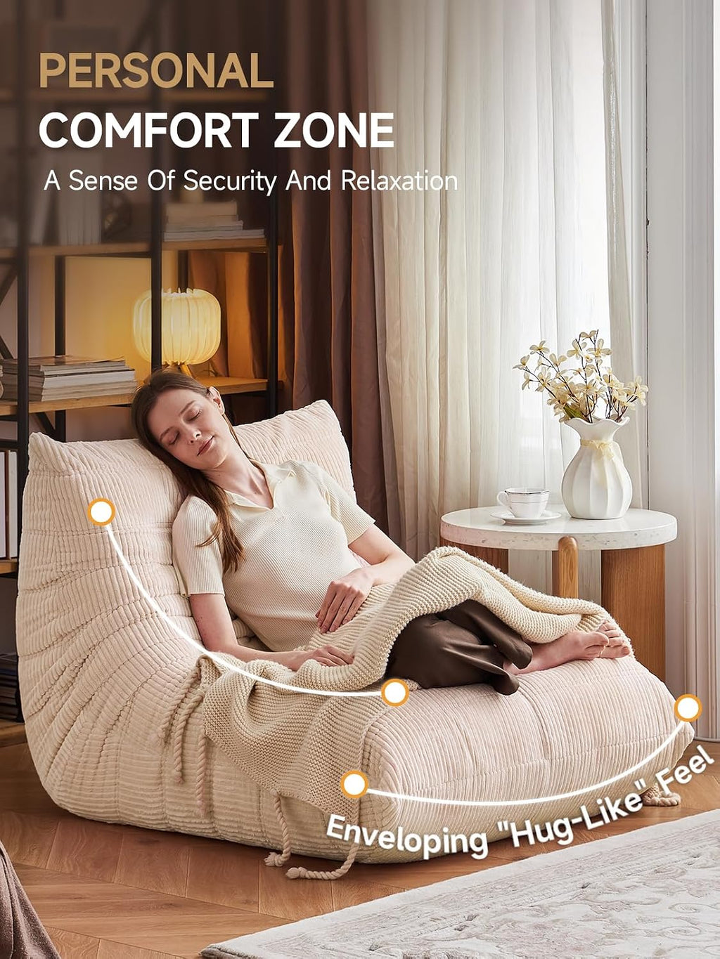 ZCUBED Large Bean Bag Chairs for Adults, Memory Foam Lounge Chair, Soft Corduroy Big Bean Bag Chair Lazy Sofa, Comfy Floor Beanbag Chair Single Sofa for Bedroom Living Room Fireside Book Nook, Beige
