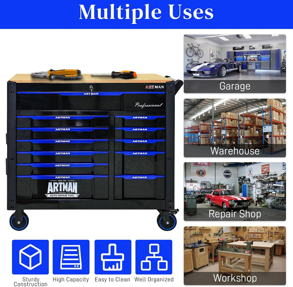 Rolling Tool Chest on Wheels, Heavy Duty Metal Tool Cabinet Chest with 12 Drawers, Wooden Workbench Top, Large Tool Cart for Warehouse, Garage, Workshop, Repair Shop, Tool Organizer Chest