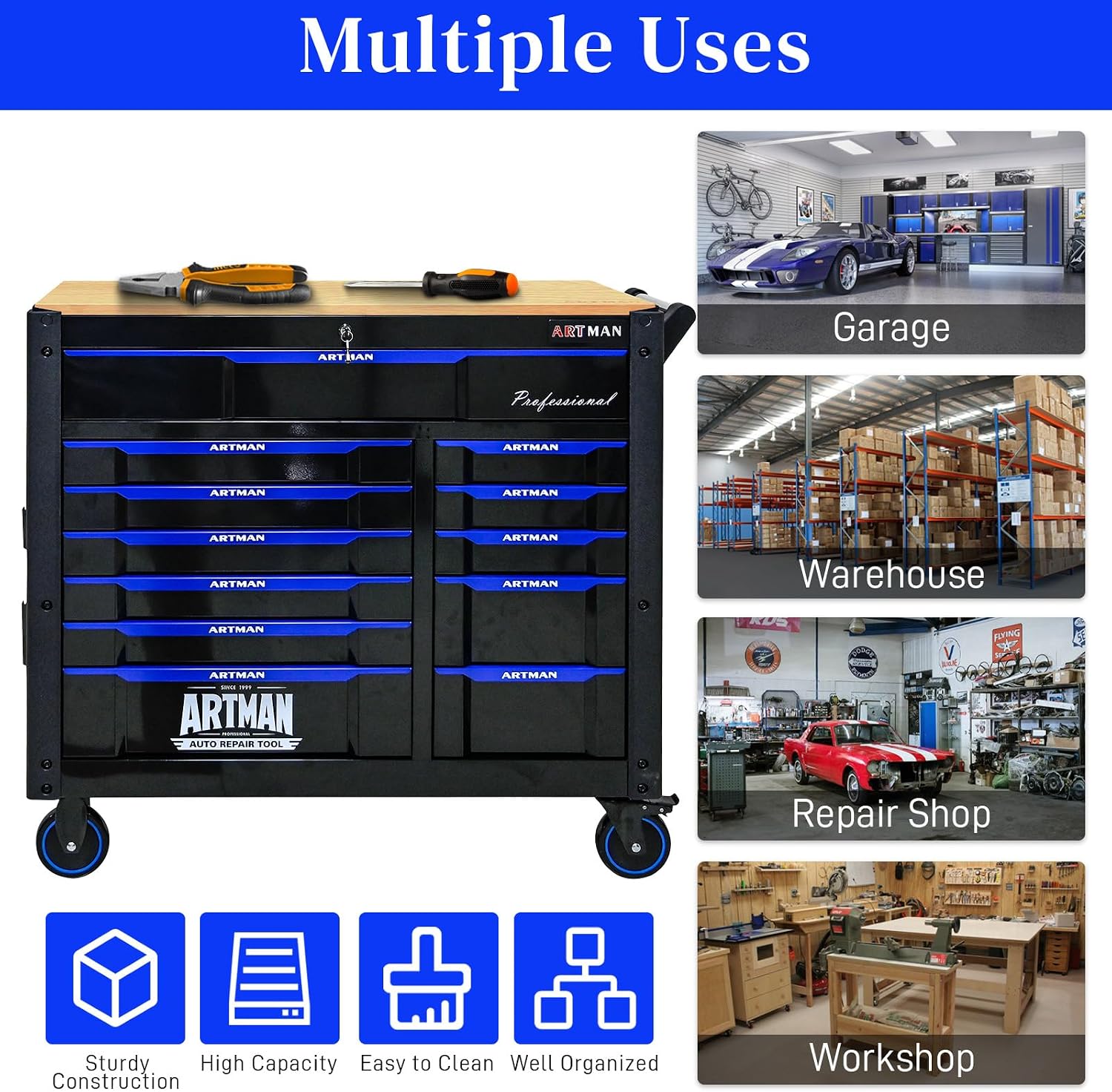 Rolling Tool Chest on Wheels, Heavy Duty Metal Tool Cabinet Chest with 12 Drawers, Wooden Workbench Top, Large Tool Cart for Warehouse, Garage, Workshop, Repair Shop, Tool Organizer Chest