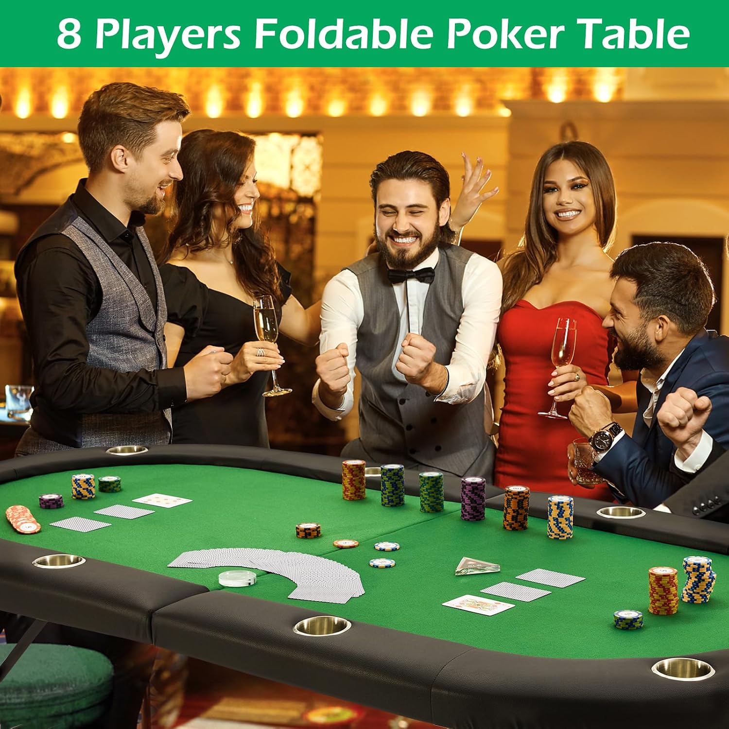 ECOTOUGE Foldable Poker Table, 8-Player Blackjack Texas Holdem Table w/Stainless Cup Holder, Folding Oval Gaming Table with Portable Oxford Bag for Casino Game, No Assembly Required, Green