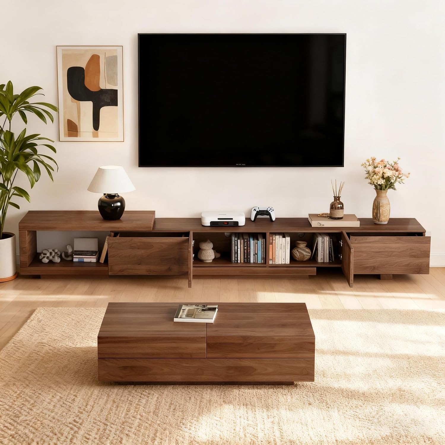 78.5'-105' Mid-Century Modern Extendable TV Stand, Walnut Media Console with 2 Drawers and 2 Cabinets, Fits TVs up to 100 Inches for Living Room or Bedroom