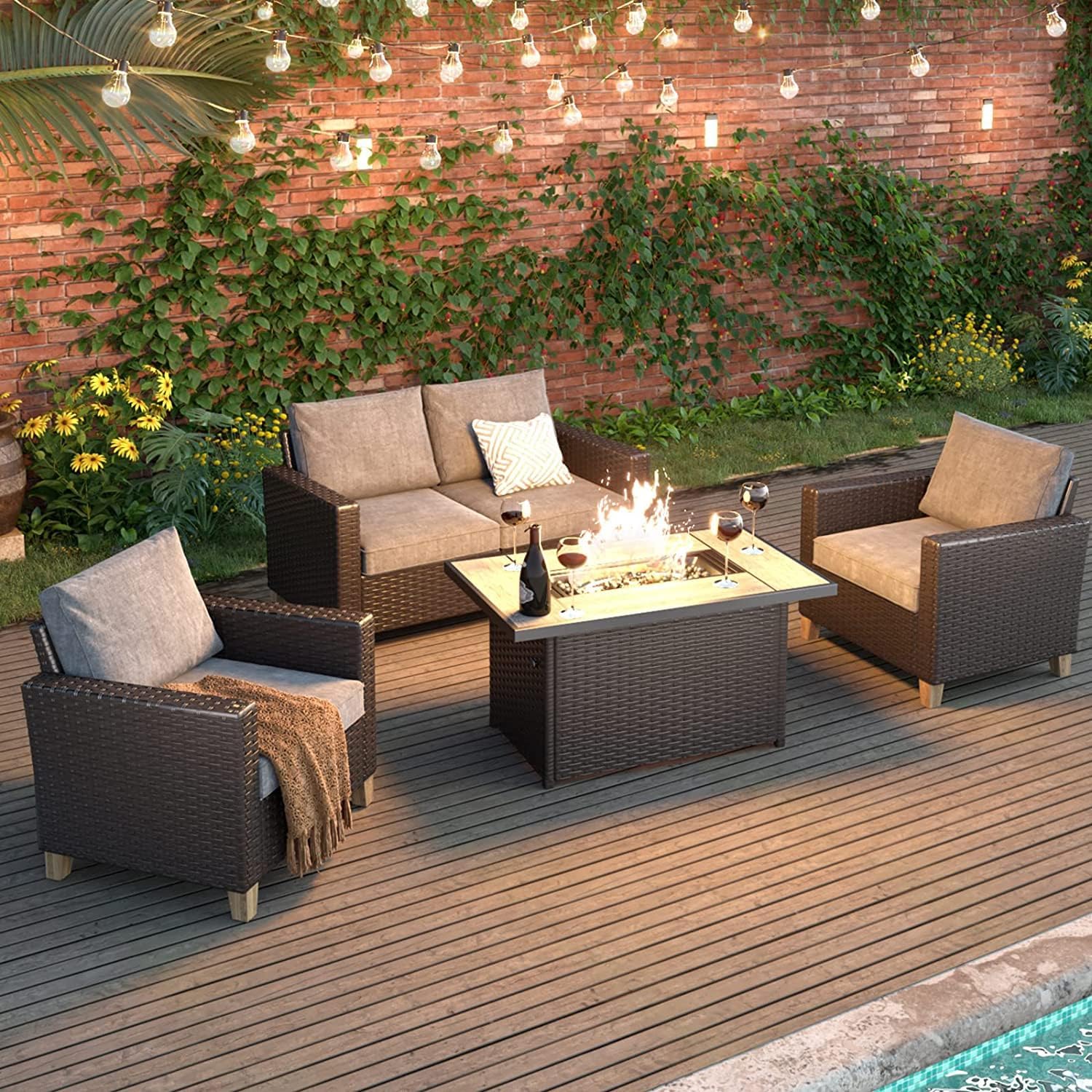 Grand Patio Outdoor 43-Inch CSA Safety Approved Gas Fire Pit Table 60,000 BTU Rectangle Propane Fire Pit with Ceramic Tile Top and Wicker Base