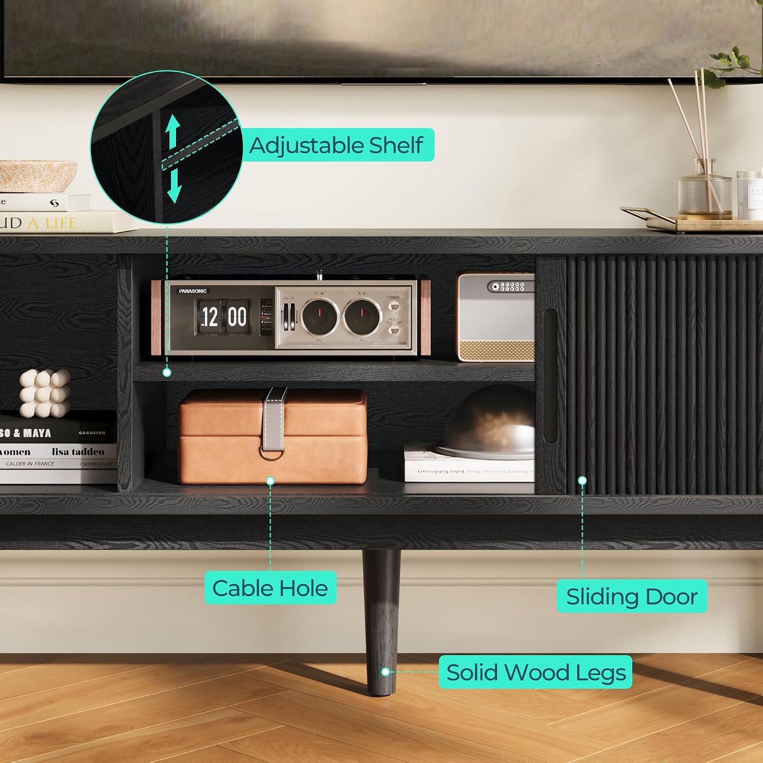 LINSY HOME 58' Fluted TV Stand for TVs up to 65 Inch, Mid Century Modern Entertainment Center with Storage Cabinet and Sliding Doors, Farmhouse Wood Media TV Console for Living Room, Bedroom, Black
