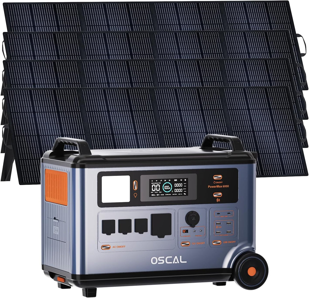 OSCAL 6000W Solar Generator With 4×400W,120V/240V Split Phase Voltage Portable Power Station PowerMax 6000, 6000w AC Output (9000W Surge),2400W MPPT Solar for Emergency 777