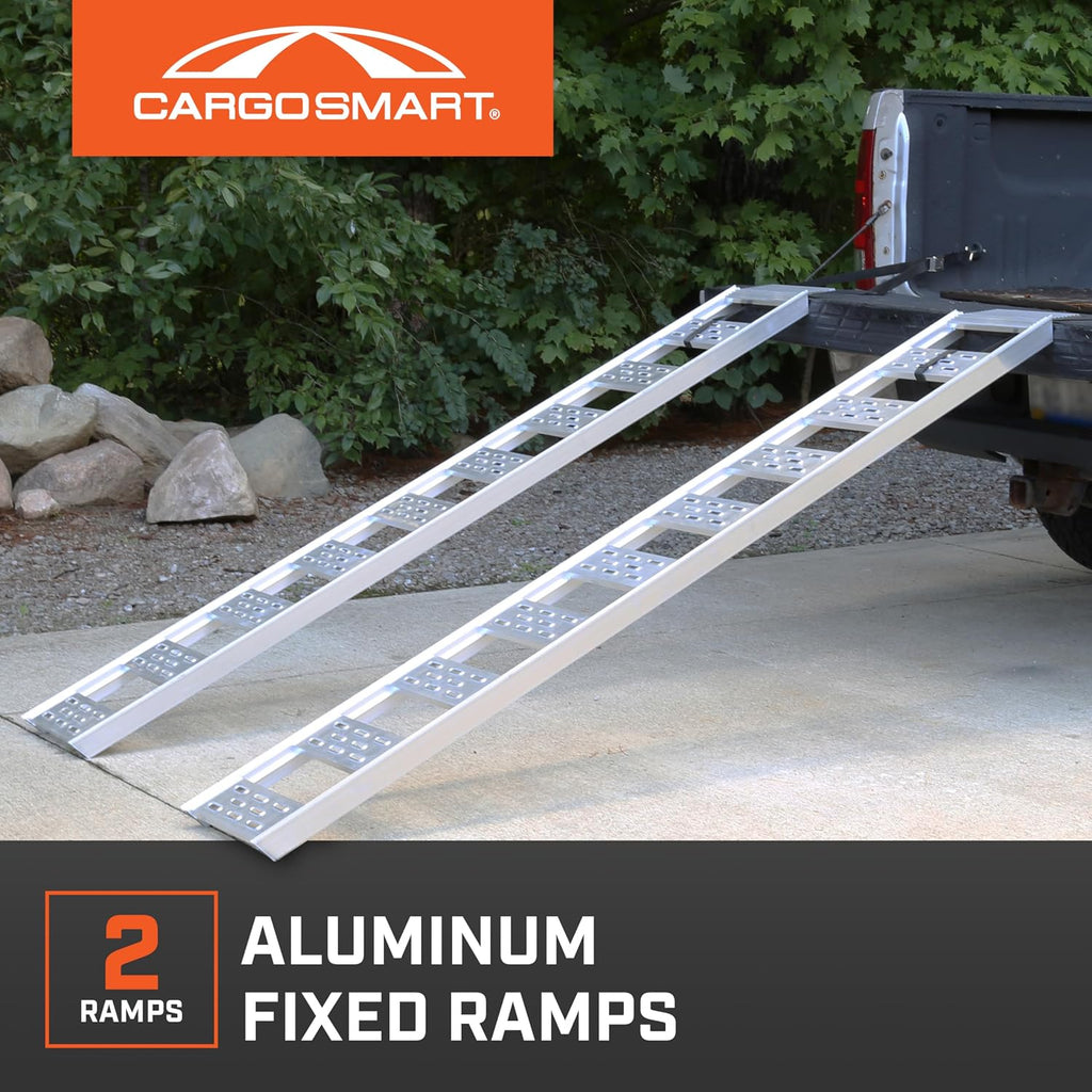 CARGOSMART Aluminum Straight Fixed Ramp with Treads (2pk) - Easily and Safely Load and Unload Light Equipment, Lawn Tractors, ATVs and More, 1,250 lb. Capacity, 12' W x 78' L