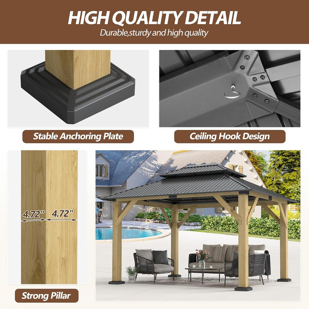 10'x12' Wood Gazebo,Outdoor Cedar Wood Hardtop Gazebo with Galvanized Steel Double Roof, Wooden Frame Gazebos for Patio, Backyard, Deck