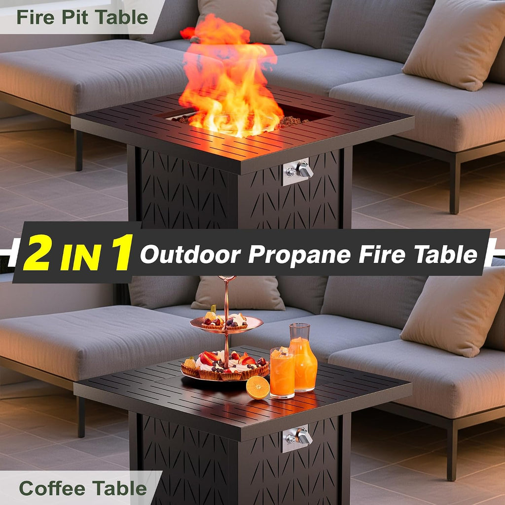 Dineli 28-Inch Square Propane Fire Pit Firepits for Outside Patio Fire Pit Table, Gas Fire Pits with Adjustable Feet, Tabletop Fire Pits for Backyard Deck Balcony, 50,000 BTU, Leaf Pattern - Black