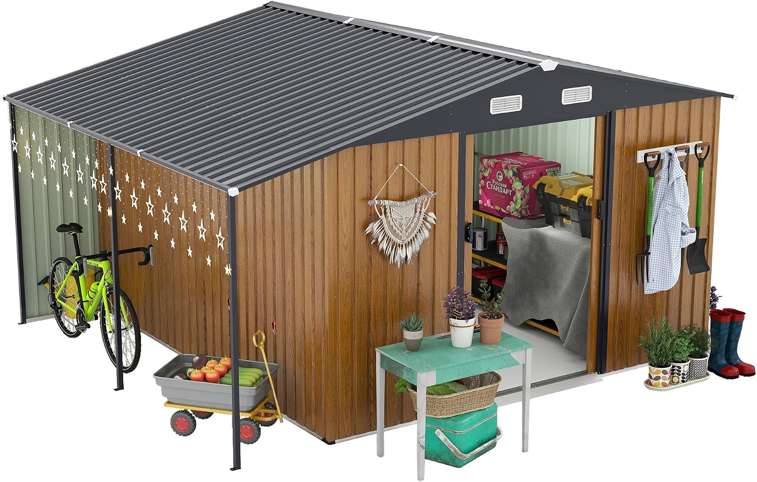 Metal Storage Shed, Yellow, 10x12 Ft, Galvanized Steel Construction, Sliding Doors, Windows, Integrated Ramp, Backyard Garden Tool Storage
