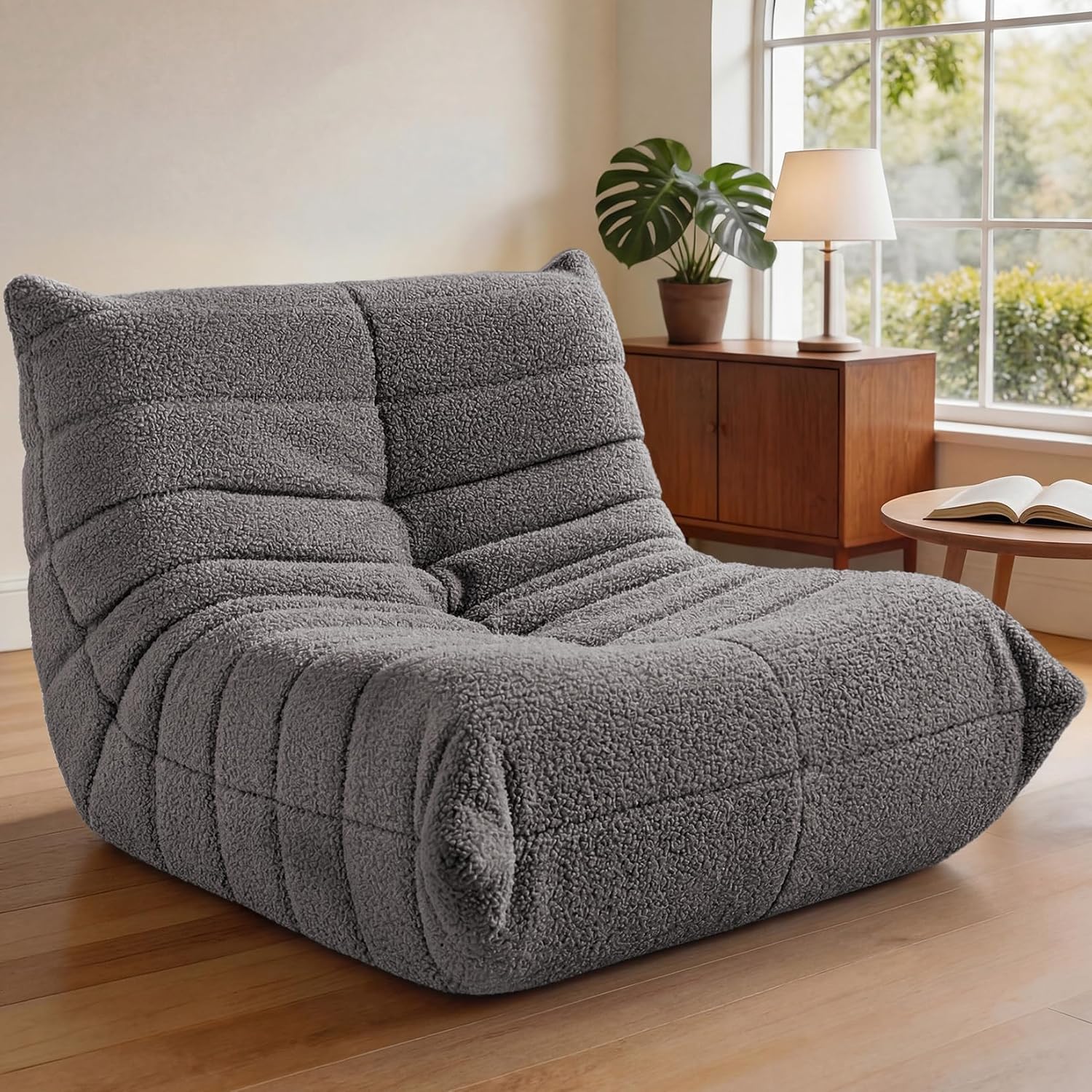 HABUTWAY Bean Bag Chairs Fireside Lazy Floor Sofa, Soft Teddy Fleece Bean Bag Sofa with High-Resilience Foam Filling，Beanbag for Living Room, Bedroom, Office (Dark Grey Teddy)