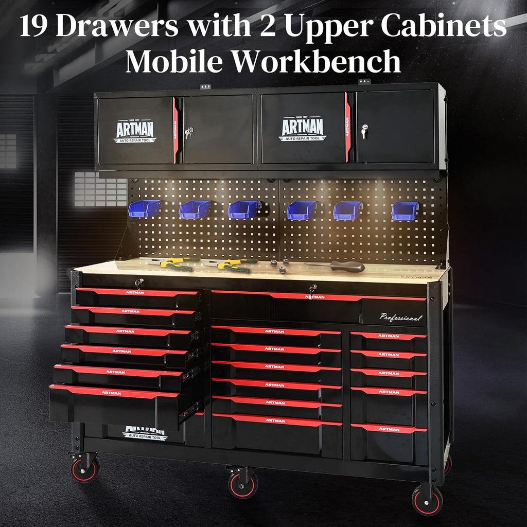 19 Drawers Rolling Tool Chest Large Mobile Workbench Heavy Duty Wood Top Tool Cart on Wheels Mechanic Toolbox Storage Cabinet for Garage, Workshop, Warehouse, Laboratory, with 2 Upper Cabinets