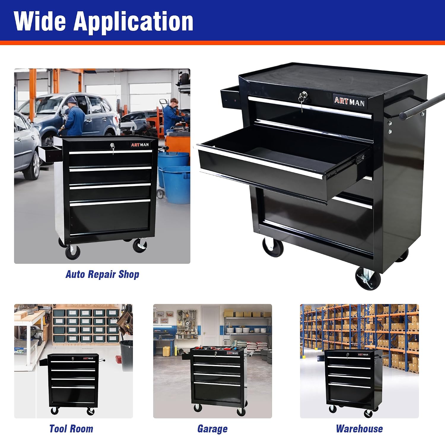 Aokleo 4 Drawers Tool Cart on Wheels, 4 Drawer Rolling Tool Chest with Key Lock, Trolley Organizer Tool Case, Multifunctional Rolling Tool Box for Garage,Warehouse,Workshop,Repair Shop (Black)