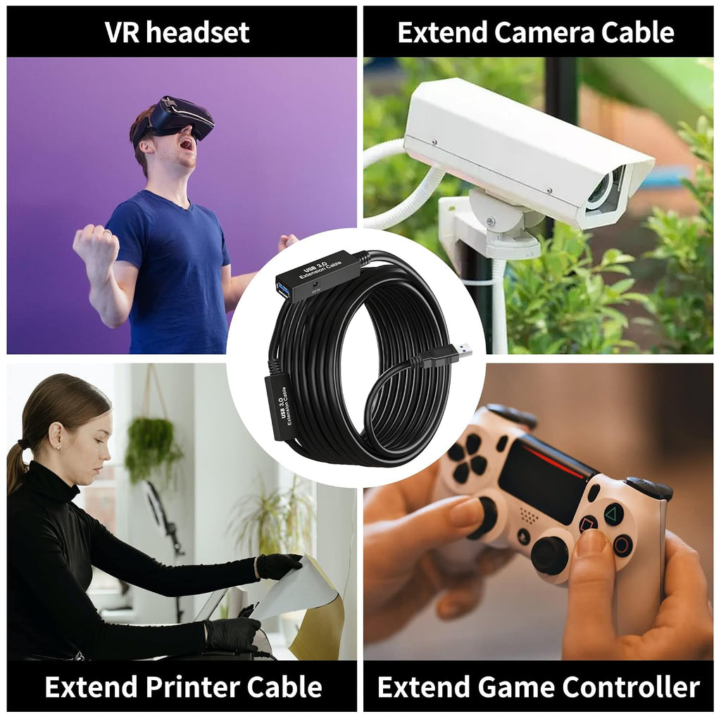 100FT USB 3.0 Active Extension Cable, USB 3.0 Extension Cord A-Male to A-Female, With High-Speed Data Signal Amplifier, Compatible With Quest 3,VR,Rift,360 Kinect,Xbox,Webcam,PS4, HD Camera or More