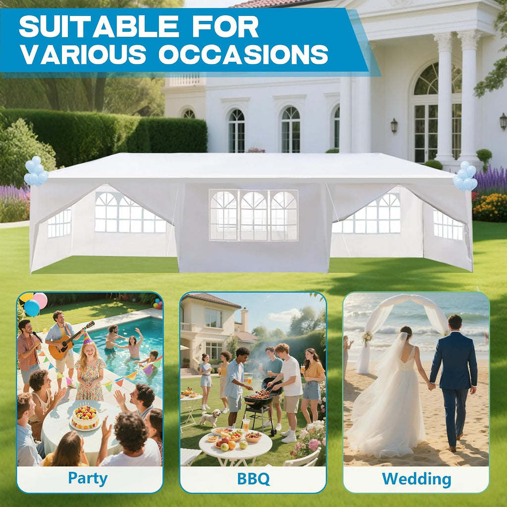 Nyckolas White 10x30 Outdoor Canopy Tent for Party,8 Removable Sidewalls with Windows,Sunshade & Waterproof,Heavy Duty Metal Frame,Easy to Assemble,Perfect for Outdoor Events,Party,Backyard,Camping