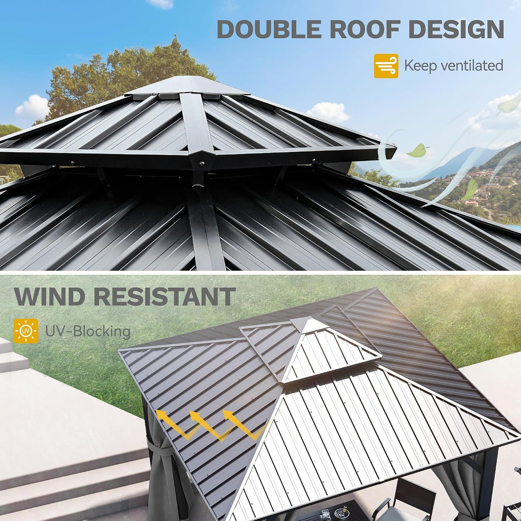 DWVO 10x10ft Gazebo Double Roof Hardtop with Nettings and Curtains, Heavy Duty Galvanized Steel Outdoor Vertical Stripes Roof for Patio, Backyard, Deck, Lawns, Grey