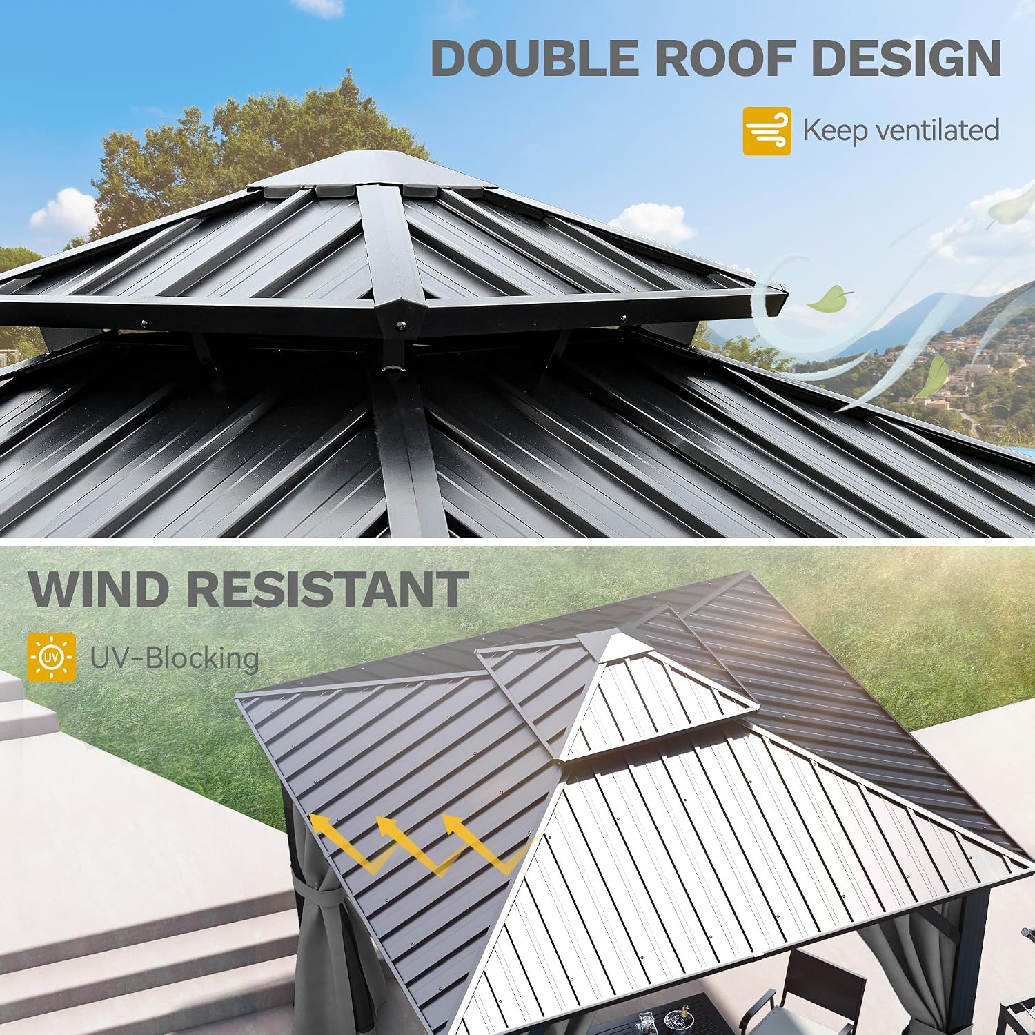 DWVO 10x10ft Gazebo Double Roof Hardtop with Nettings and Curtains, Heavy Duty Galvanized Steel Outdoor Vertical Stripes Roof for Patio, Backyard, Deck, Lawns, Grey