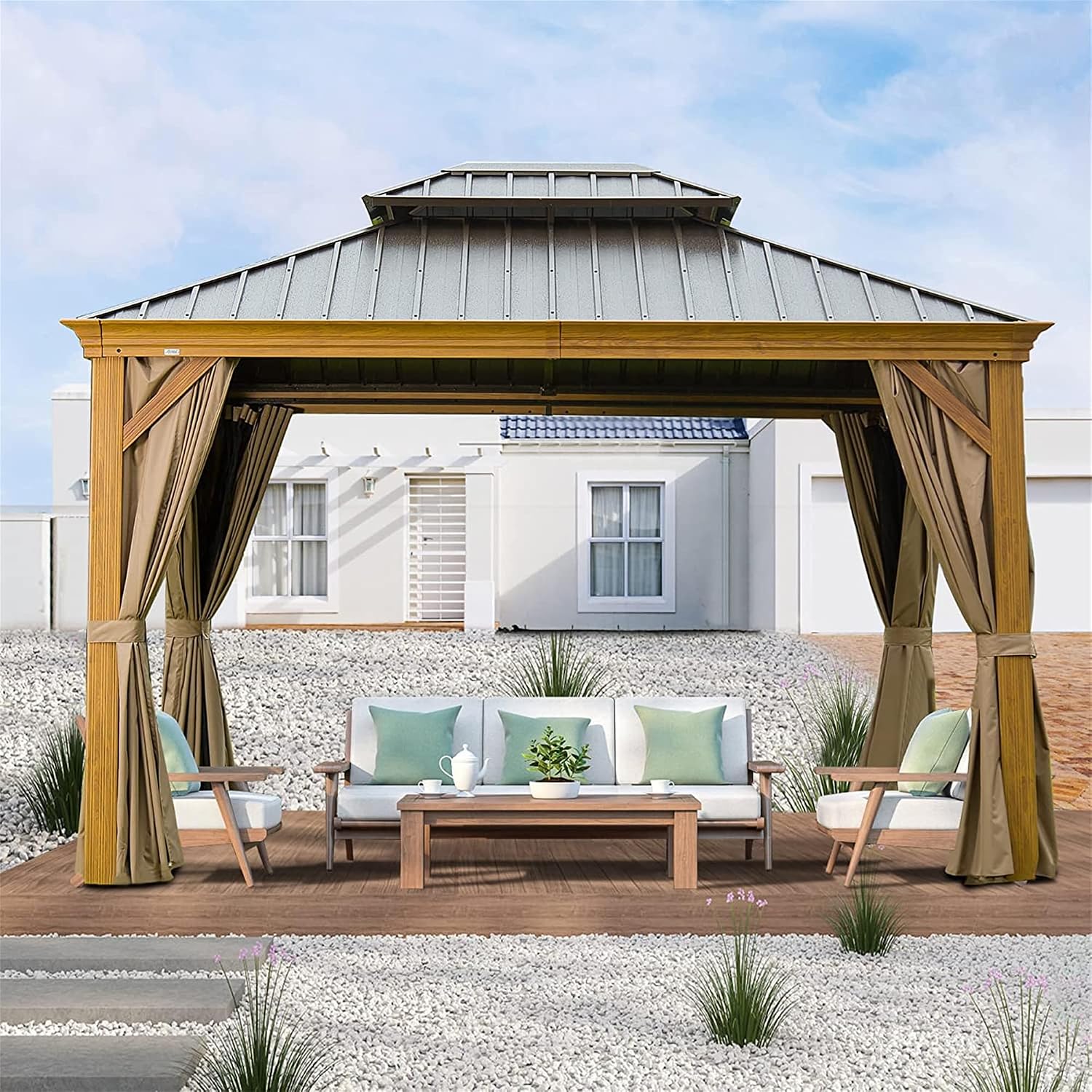 10x12Ft Hardtop Gazebo Wooden Coated Aluminum Frame Canopy Galvanized Steel Double Roof Outdoor Wood-Looking Permanent Metal Pavilion with Curtains and Netting for Patio Deck Lawn