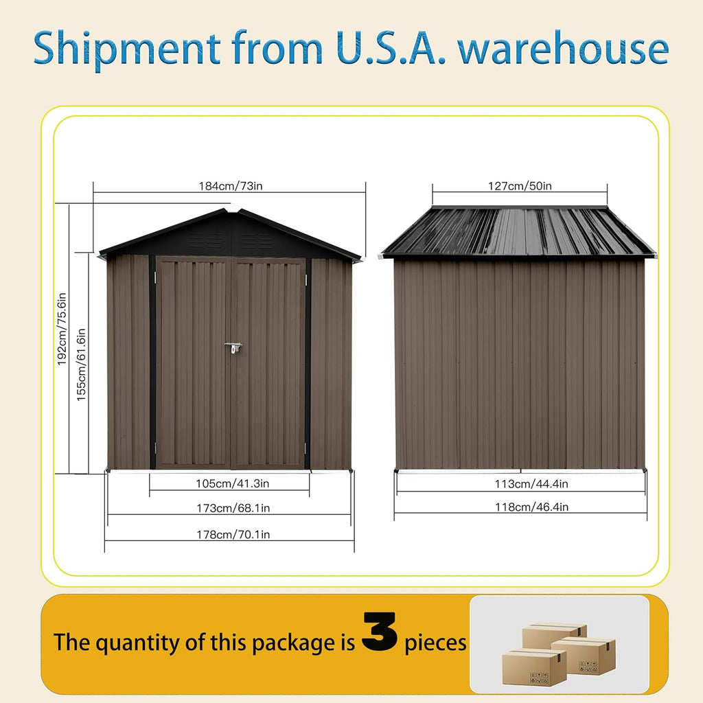 Shed with Windows,Large Metal Outdoor Storage Shed, Lockable Tool Storage shed, Steel Garden shed, Suitable for Backyard, Terrace, and Poolside (Roof Brown+Black, 6FTx4FT)