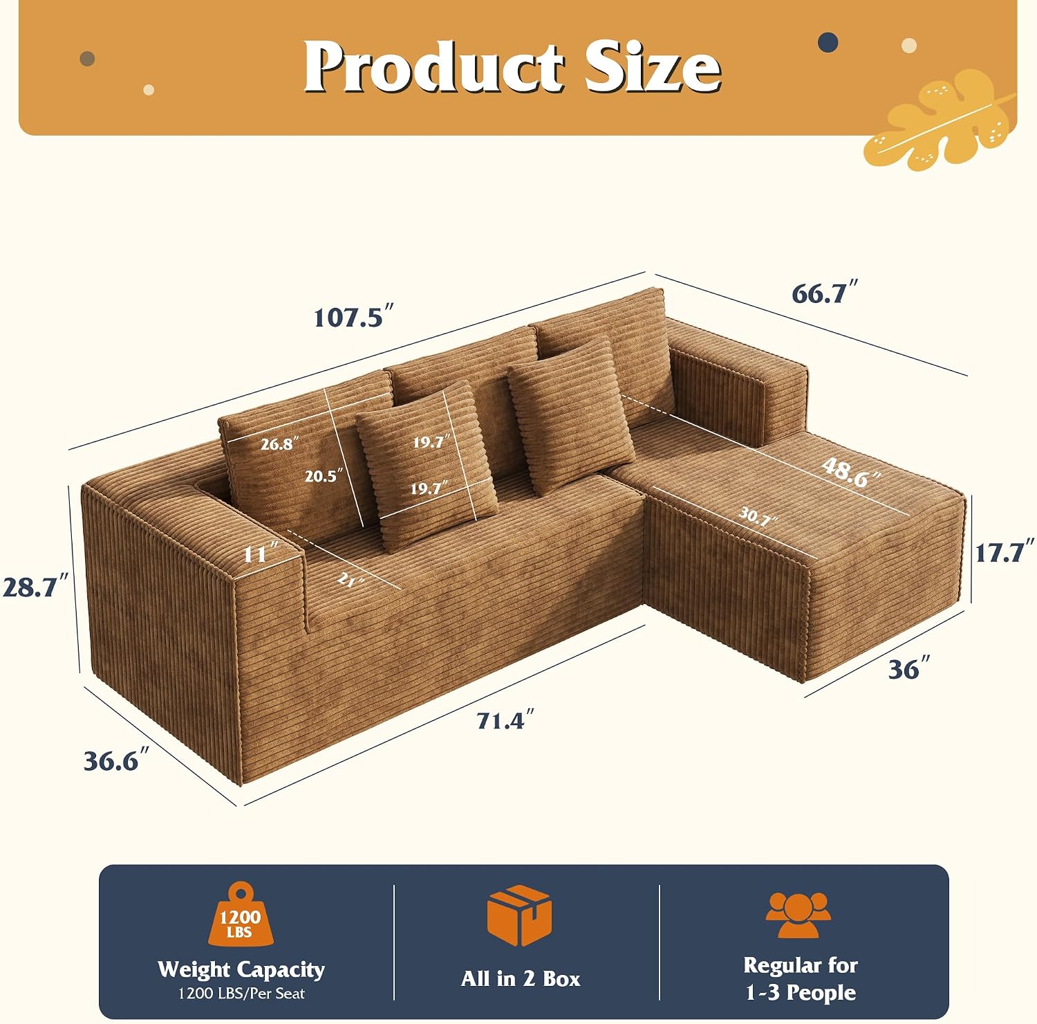WLIVE 108'' Cloud Sectional Couches for Living Room, Modular Boneless Couch with Right Facing Chaise, L Shape Memory Foam Corduroy, with Cushion, Brown