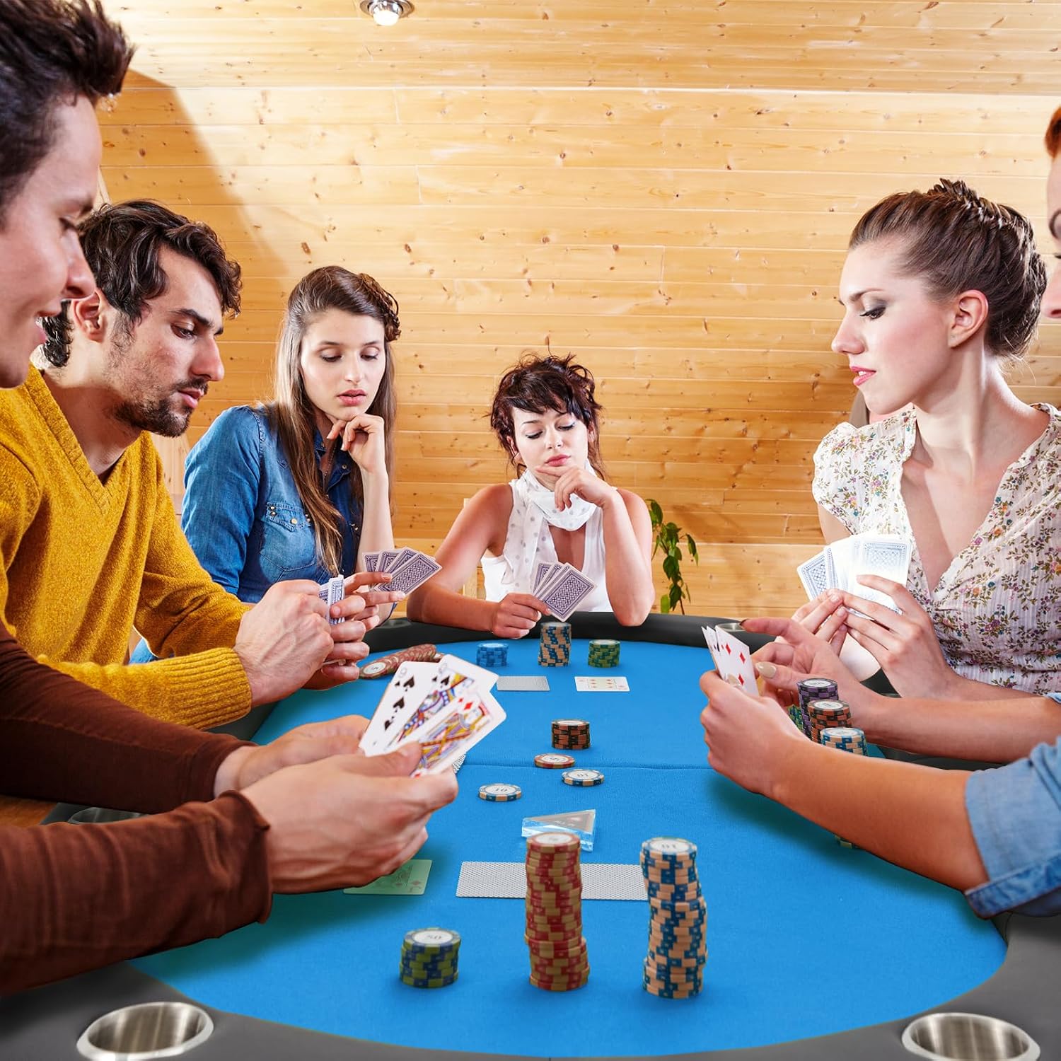 ECOTOUGE Poker Table Foldable, 8 Players Gaming Table w/Stainless Steel Cup Holder & Portable Storage Bag, Folding Oval Texas Holdem Table for Blackjack, Casino Game, Fully Assembled, Blue