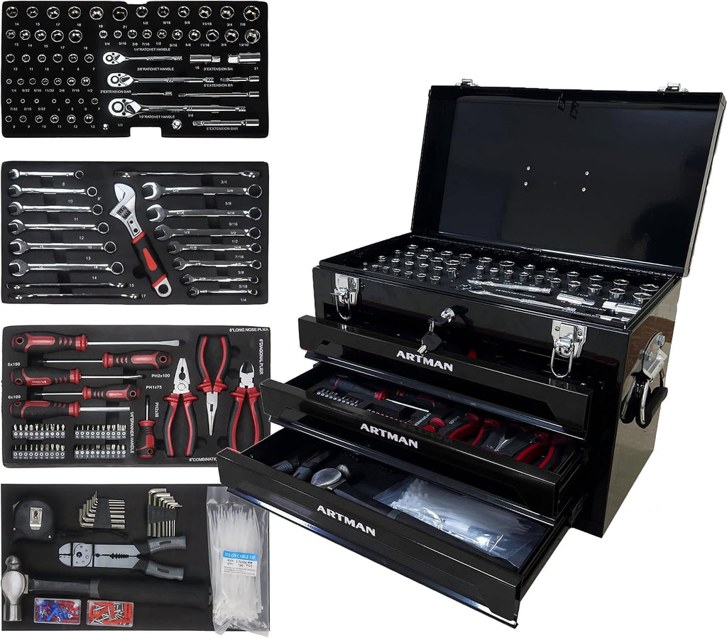Campfun 439PCS Tool Set, Mechanic Tool Set for Home, Tool Box Set 4-Tier Socket Wrench Ratchet Plier Nails, Home Tool Set Mechanics Kit with 3 Drawers for Adults Man Handyman, Black