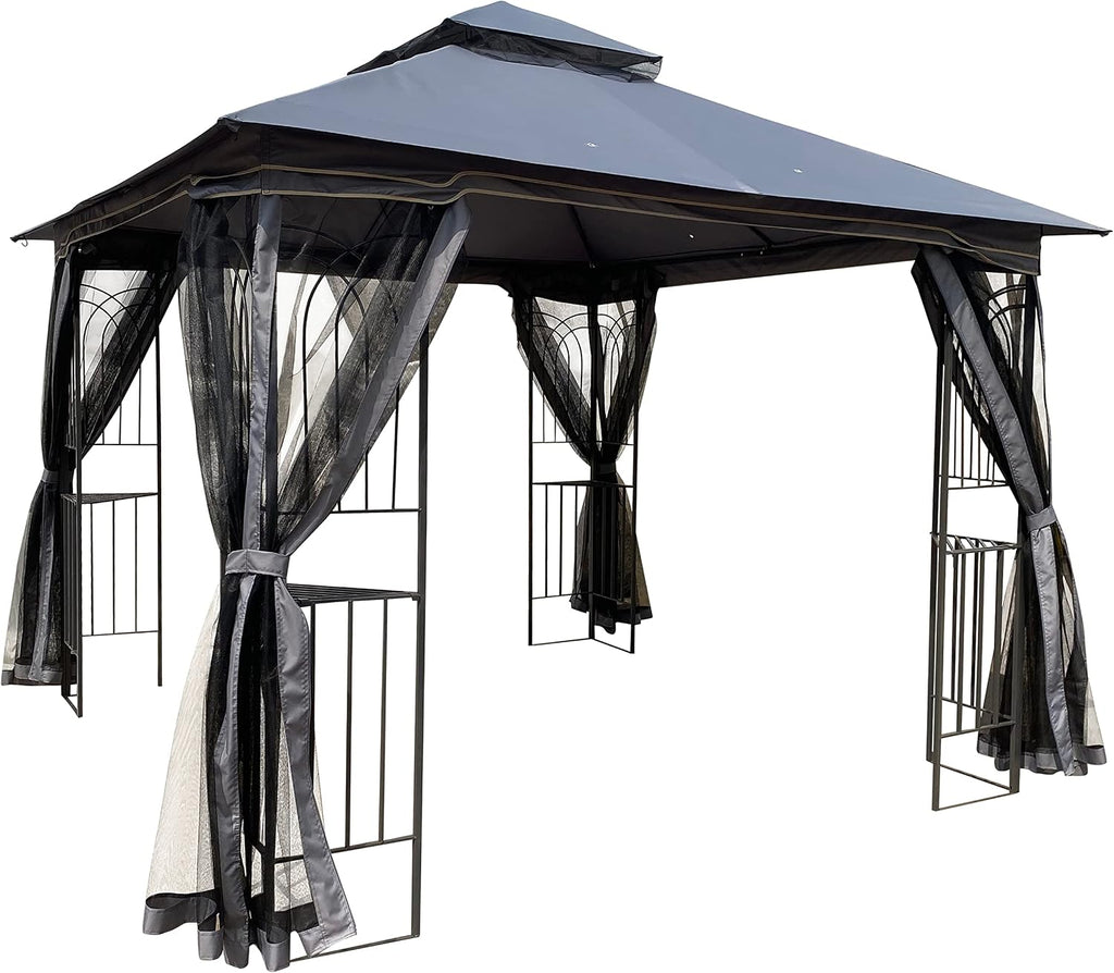 10x10 Outdoor Patio Gazebo, Heavy Duty Soft Top Gazebo with Shelves and Netting, Waterproof Canopy Gazebo with Galvanized Steel Frame and Double Roof, Metal Gazebo for Deck, Backyard, Porch (Gray)