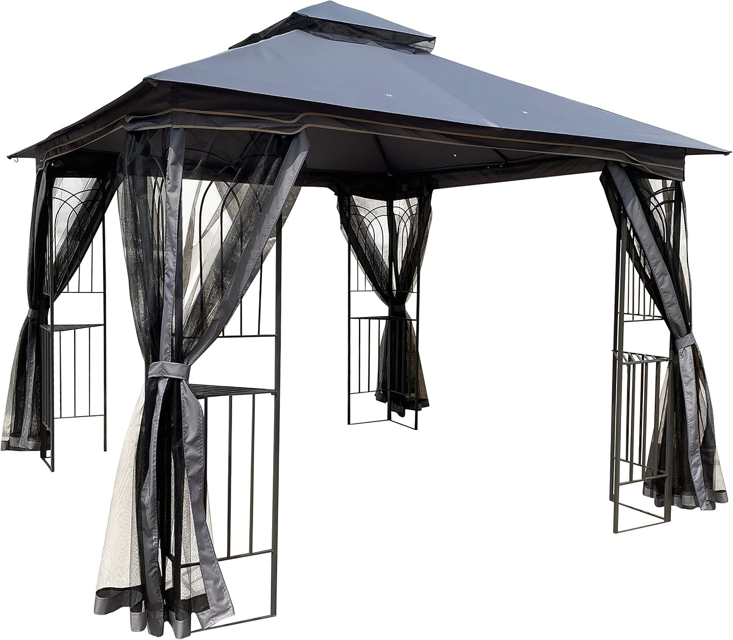 10x10 Outdoor Patio Gazebo, Heavy Duty Soft Top Gazebo with Shelves and Netting, Waterproof Canopy Gazebo with Galvanized Steel Frame and Double Roof, Metal Gazebo for Deck, Backyard, Porch (Gray)