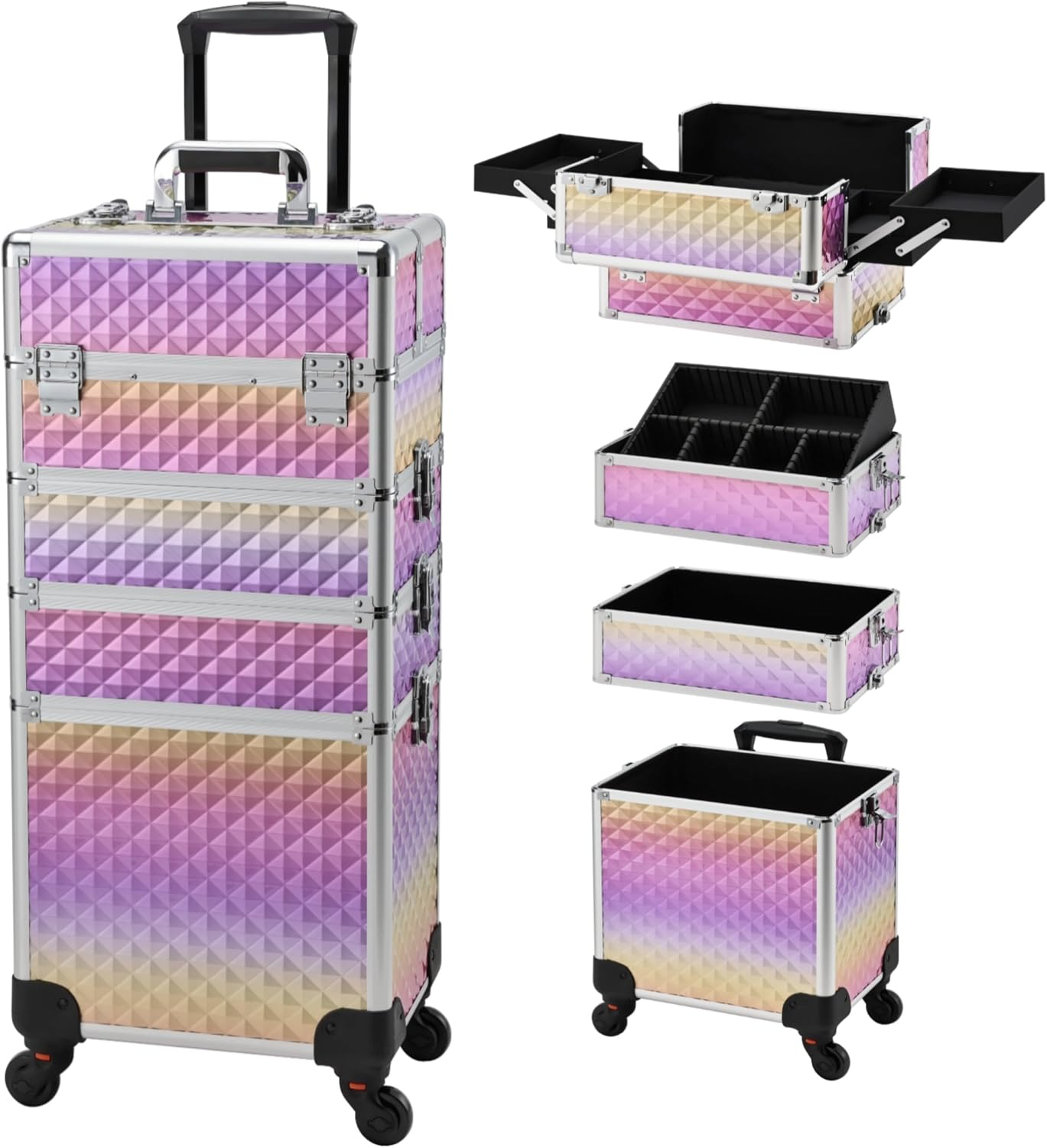 Yueieoun Makeup Case on Wheels, Rolling Train Case, 4-in-1 Makeup Trolley, Cosmetic Cases Makeup Travel Cart with Key for MUA, Hairstylists, Nail Tech, Gradient Purpple