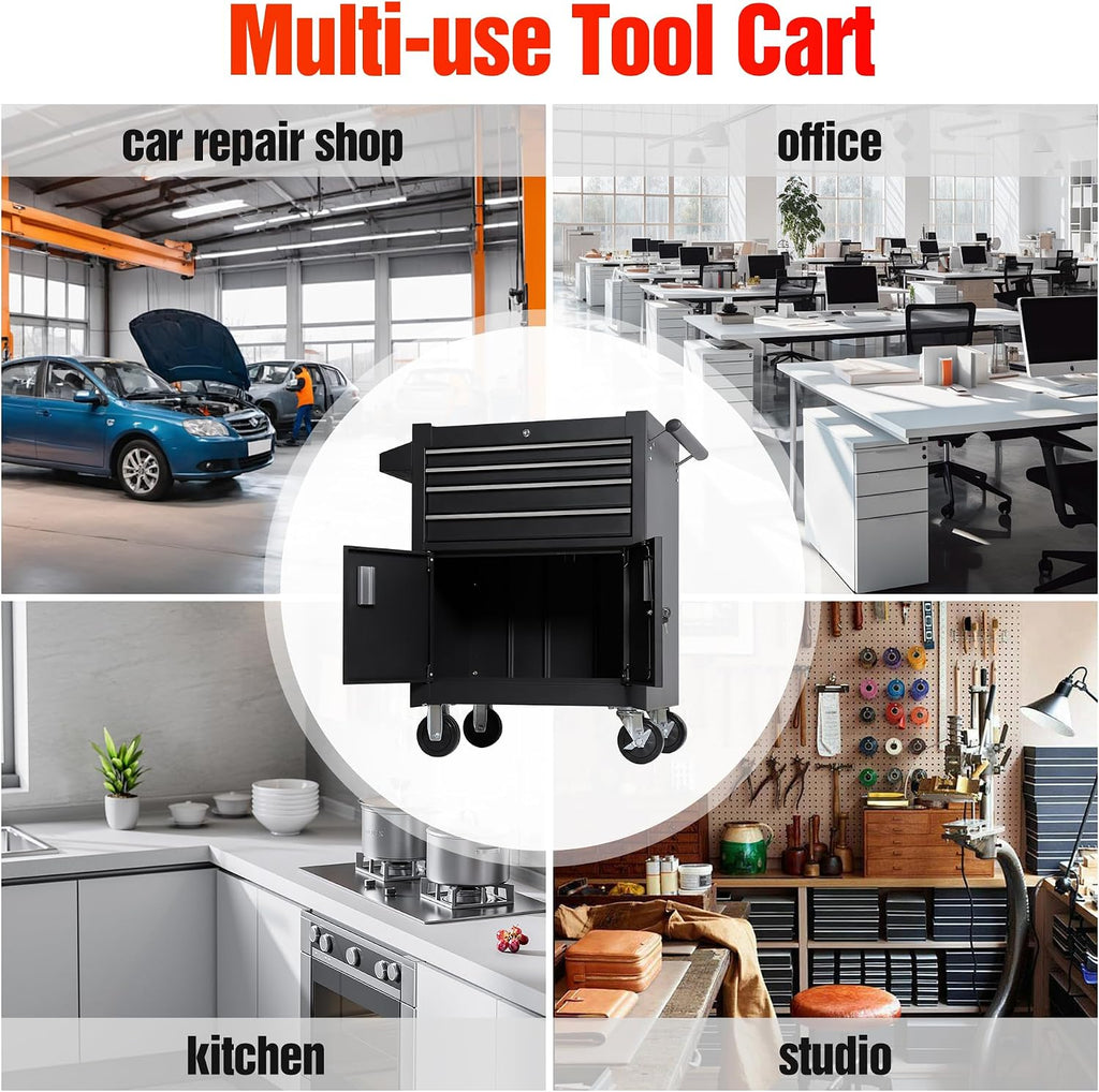 4-Drawer Rolling Tool Chest with Cabinet, Heavy Duty Metal Tool Box on Wheels, Lockable Rolling Tool Cabinet with Drawers & Doors, Garage Tool Storage Organizer for Workshop, Repair Shop