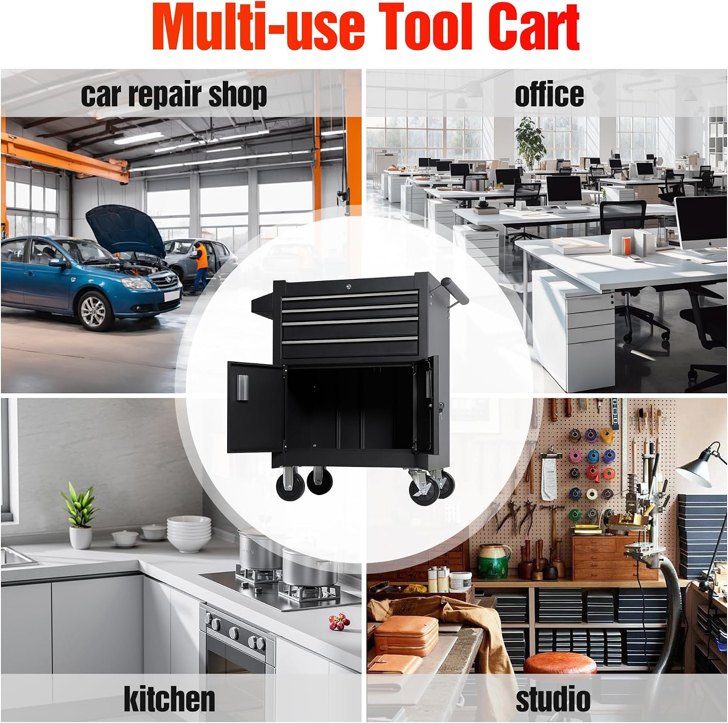 4-Drawer Rolling Tool Chest with Cabinet, Heavy Duty Metal Tool Box on Wheels, Lockable Rolling Tool Cabinet with Drawers & Doors, Garage Tool Storage Organizer for Workshop, Repair Shop