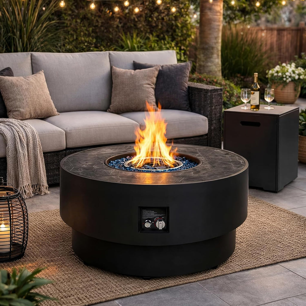 32' Outdoor Propane Fire Pit Table, 50,000 BTU Gas Fire Table with Tank Cover, Marble-Look Ceramic Top, Steel Lid, & Rain Cover, Round Patio Firepit for Backyard, Garden, Party