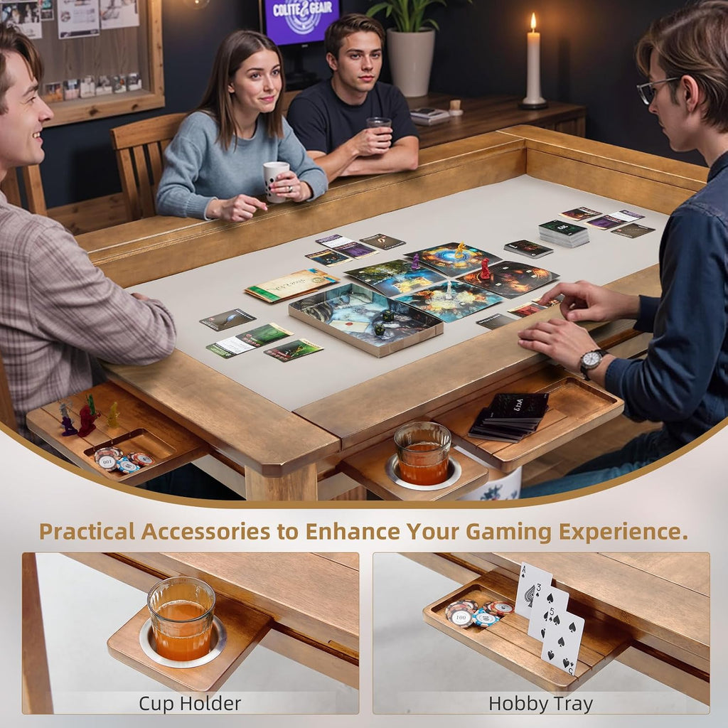 Coperat Solid Wood Board Game Table for 4-6 Players,Dining/Gaming Table w/ 54'x31' Big Gaming Space and Removable Top,Includes Game Mat, 6 Cup Holders & Hobby Tray,Rosewood