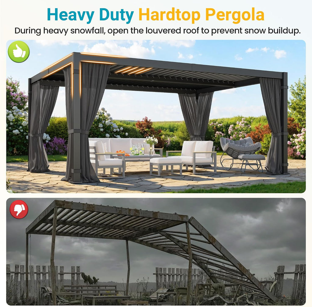 12' x 16' Louvered Pergola, Outdoor Pergola with Curtains & Netting, Metal Patio Pergola with Adjustable Louvers Roof and Gutter System, Metal Hardtop Gazebo for Patio, Deck, Garden, Yard, Dark Gray