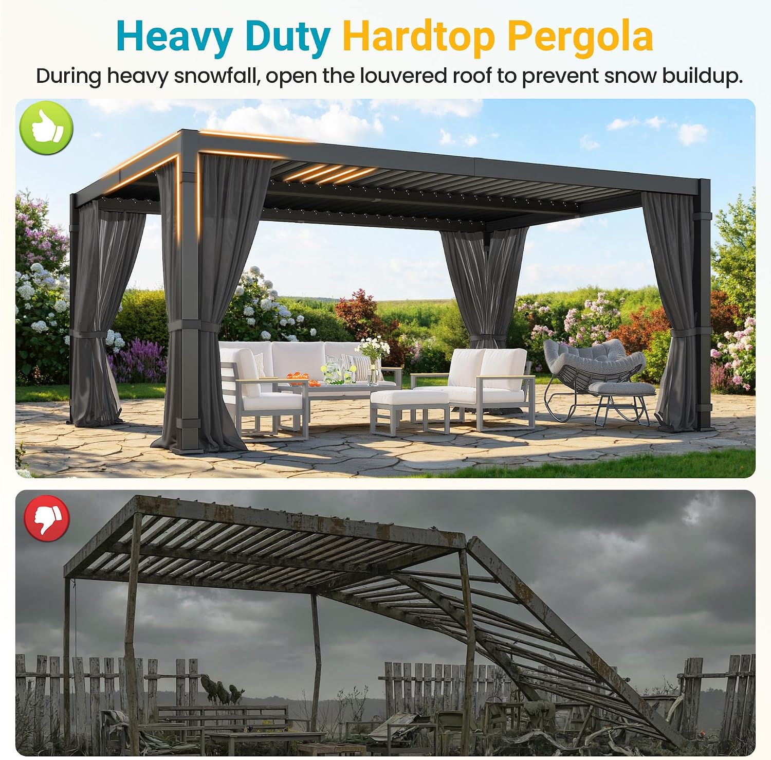 12' x 16' Louvered Pergola, Outdoor Pergola with Curtains & Netting, Metal Patio Pergola with Adjustable Louvers Roof and Gutter System, Metal Hardtop Gazebo for Patio, Deck, Garden, Yard, Dark Gray