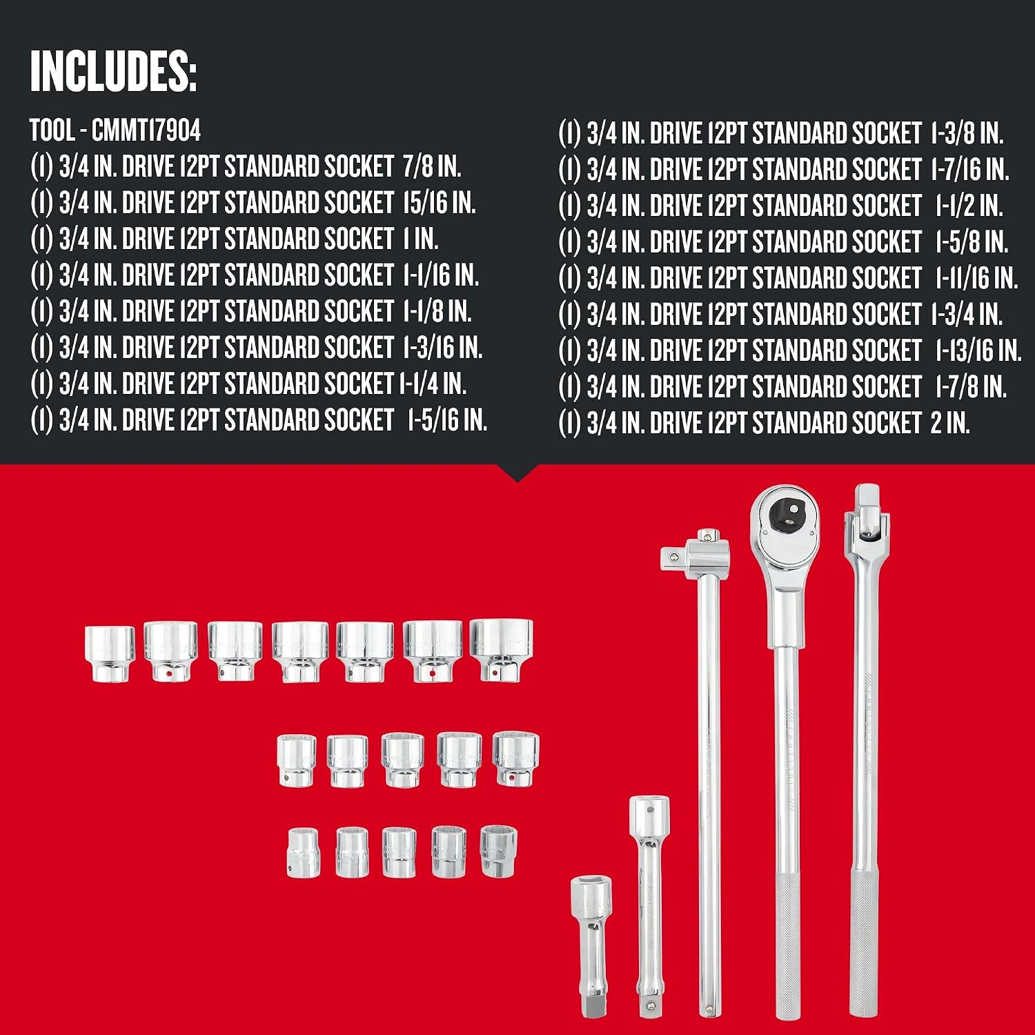CRAFTSMAN Mechanics Tool Set, 3/4 Inch Drive, Ratchet, Sockets, Extension Bars, T-Handle, 22 Piece (CMMT17904)