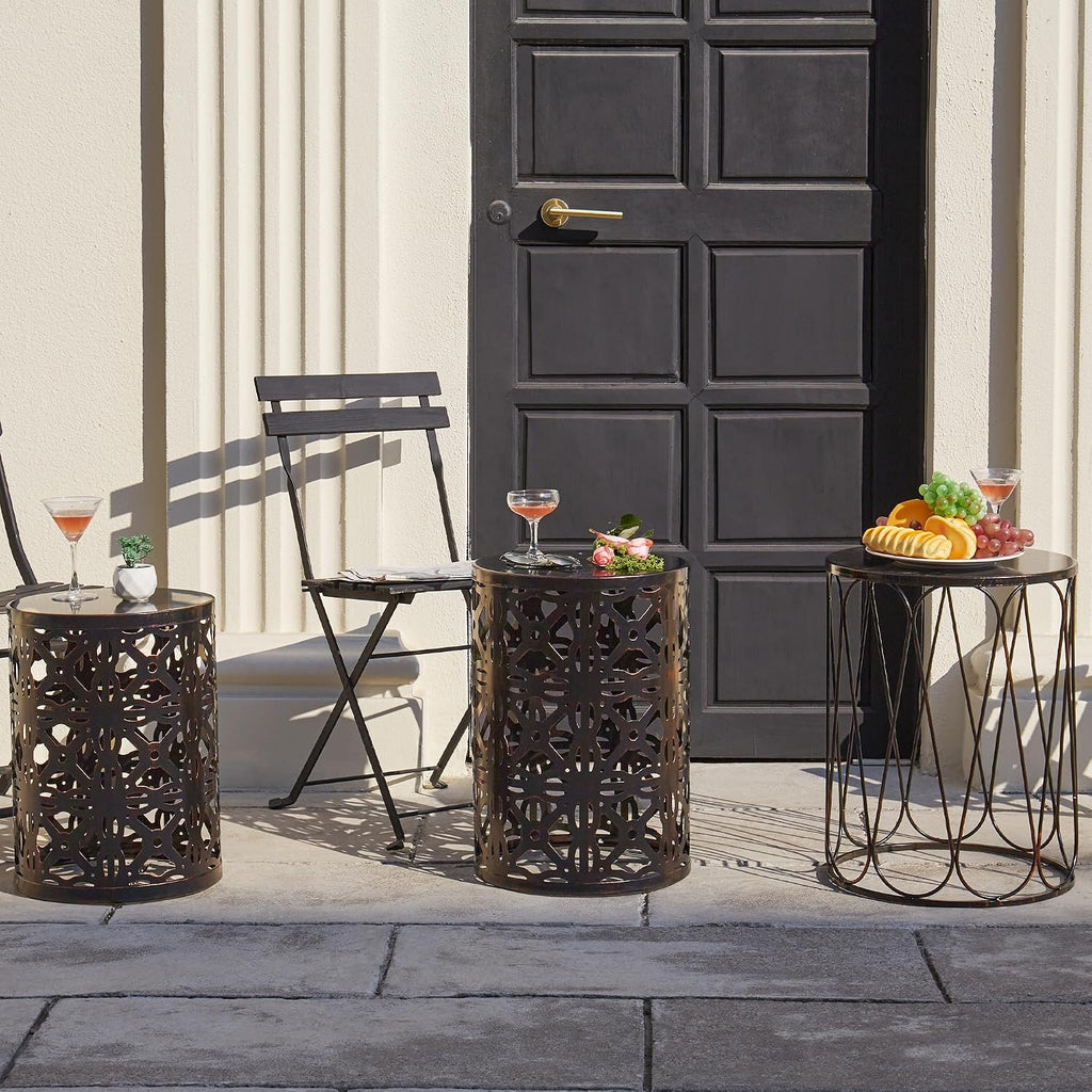 Y&M Set of 3 End Tables, Nesting Metal Round Coffee Table, Heavy Duty Metal Plant Stand Garden Stool, Outdoor Multifunctional Use Black with Bronze (Ship from US)