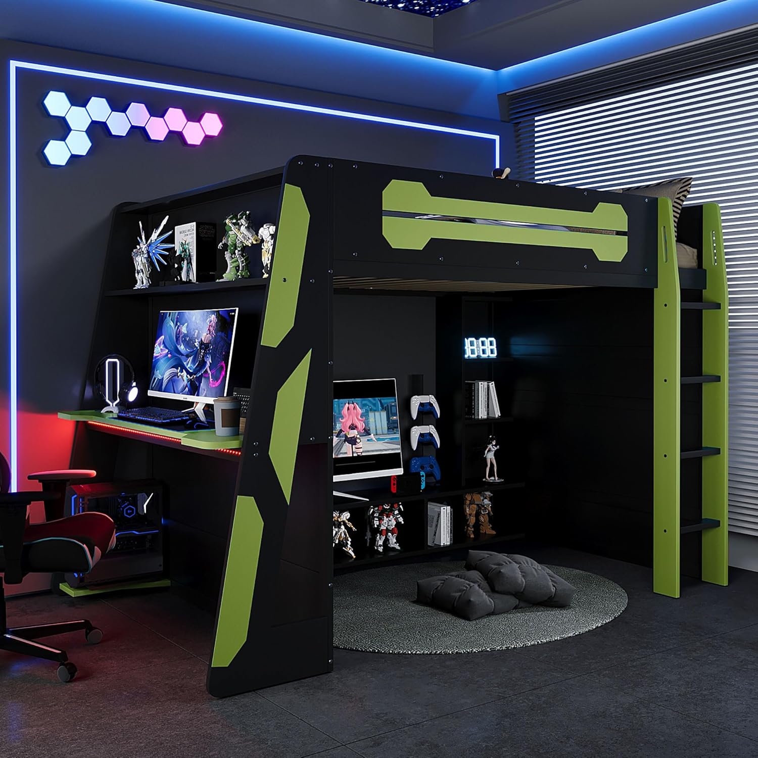 LUMISOL Full Size Gaming Loft Bed with Desk, Multi-Storage Shelves, RGB LED Lights & Built-in Charging Stations for Teens & Adults, Heavy Duty Support, Green Black