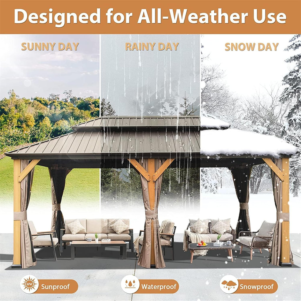 12x20Ft Hardtop Gazebo Wood Gazebo Outdoor Cedar Wood Frame with Galvanized Steel Double Roof Outdoor Permanent Metal Pavilion with Curtains and Netting for Patio Backyard Lawn, Brown