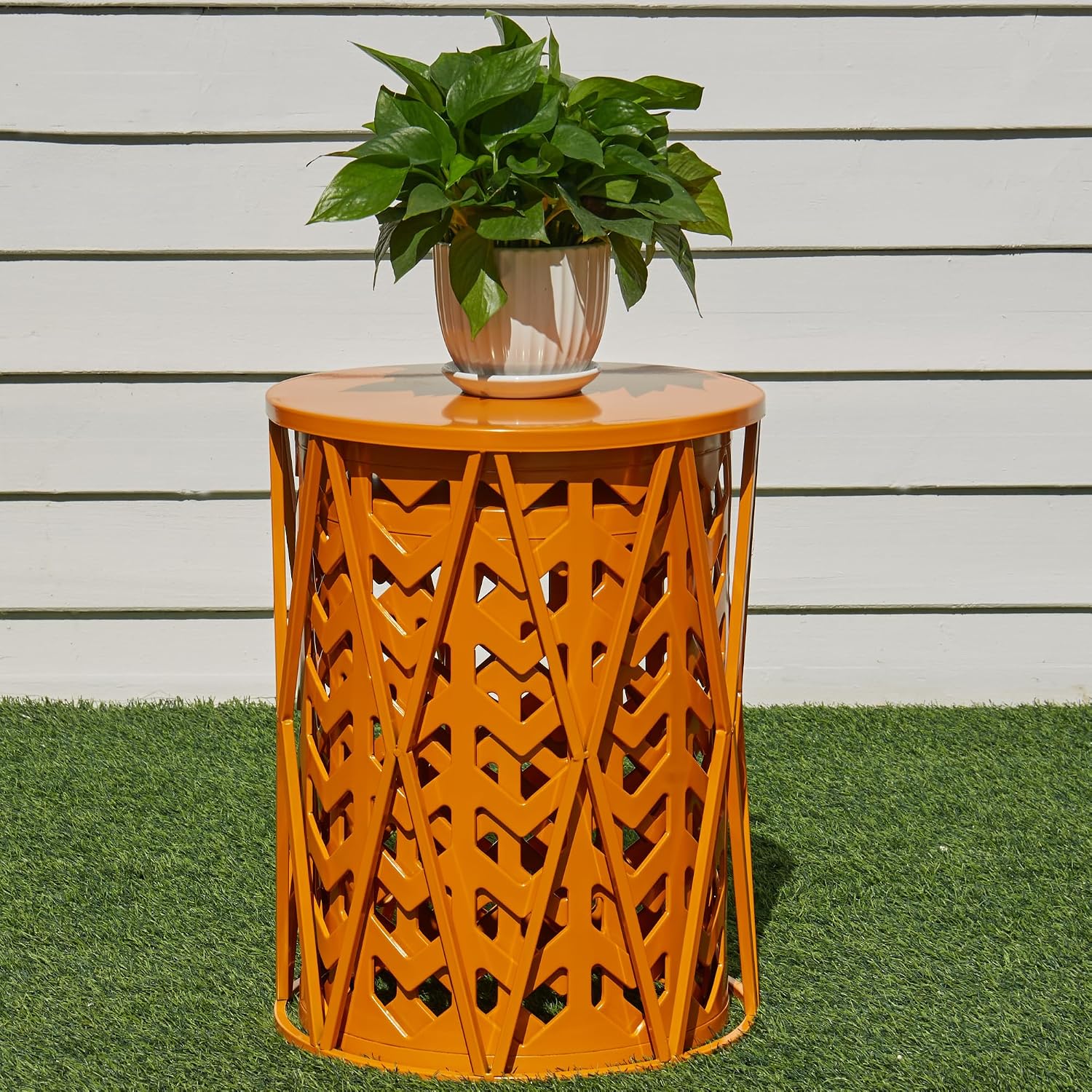 Y&M Set of 3 Metal Round Table, Coffee Table End Table for Indoor Outdoor Multifunctional Use, Heavy Duty Metal Plant Stand Decorative Garden Stool- Orange