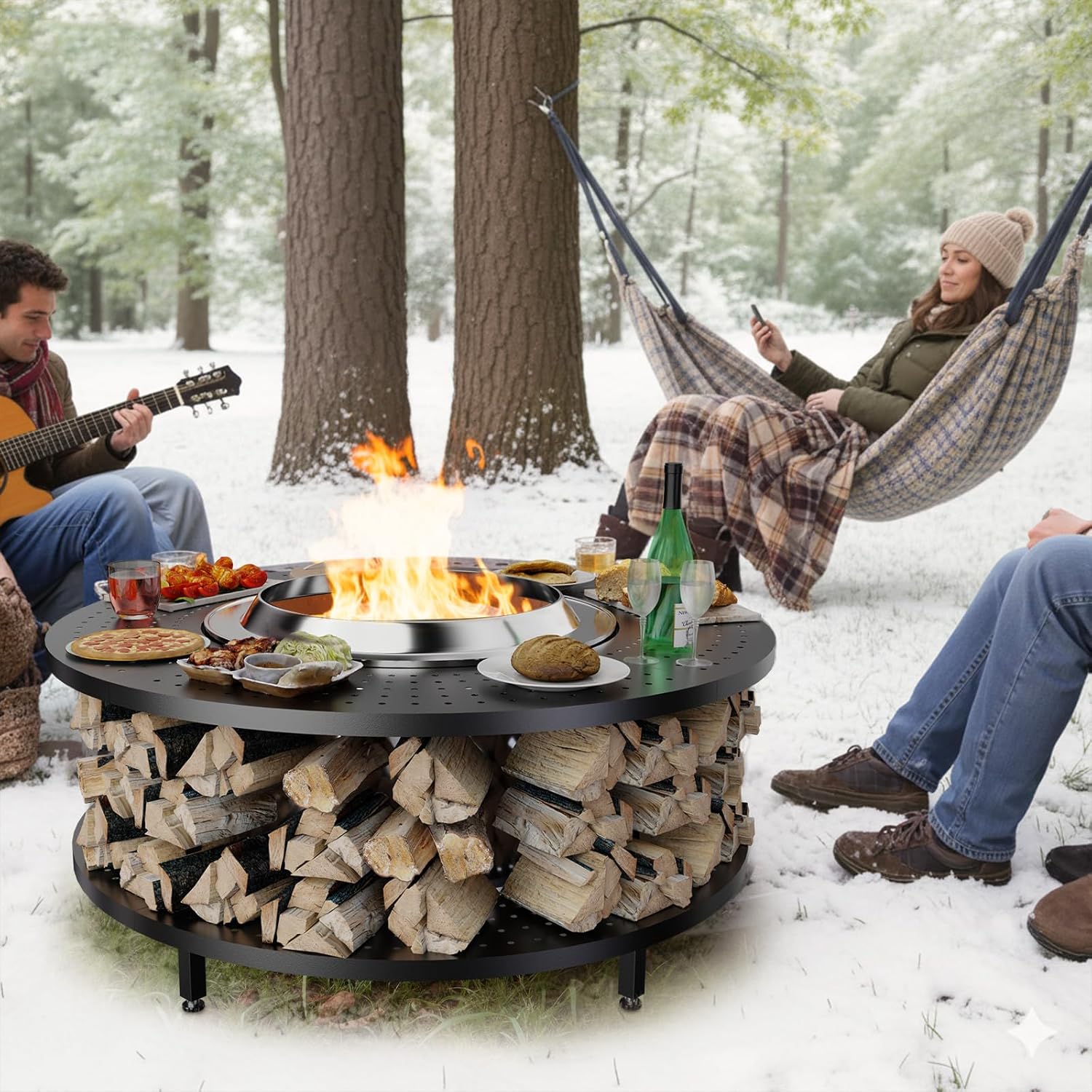 Fire Pit Surround Tabletop for Solo Stove Bonfire 1.0&2.0 and Ranger 1.0&2.0, 41' Fire Pit Surround Tabletop with Wood Storage Shelf, Powder-Coated Steel Surround Tabletop with Extra Space