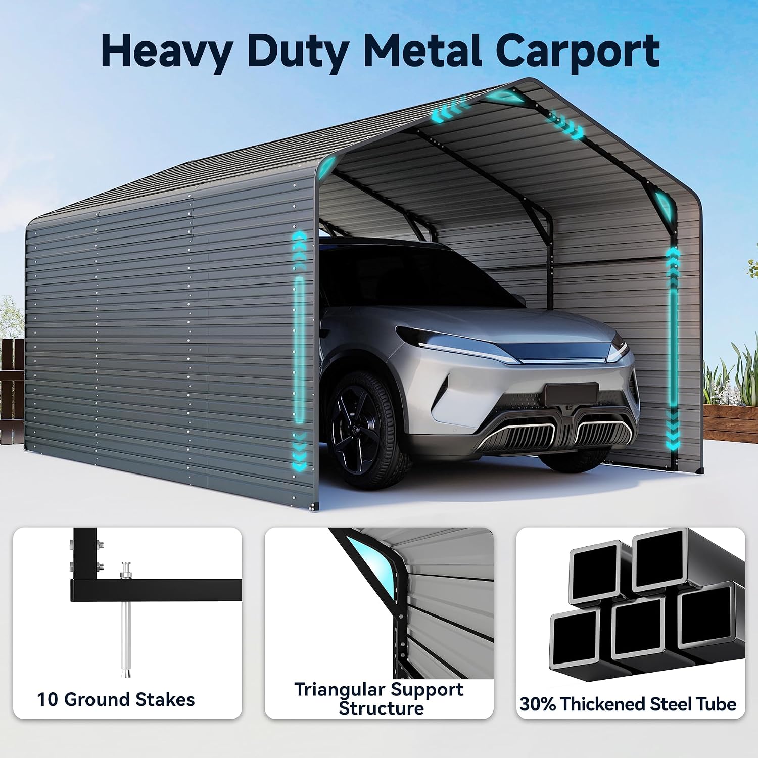 10x15FT Heavy Duty Metal Carport,Outdoor Garage with Metal Side Panels, Enclosed Car Ports with Heavy Duty Steel Frame and Galvanized Roof for Cars and Boats, Equipment Storage,Tools, Gray