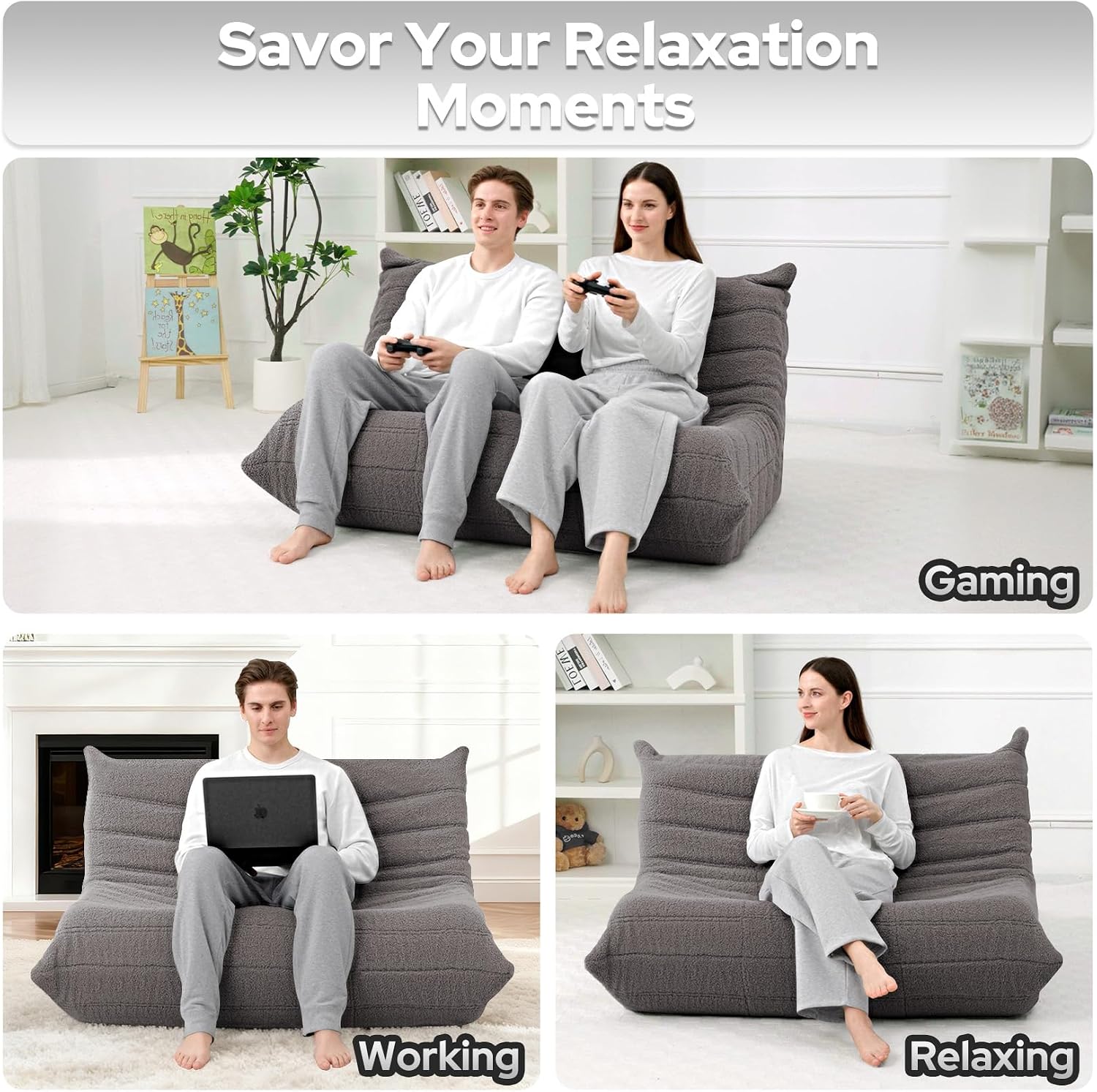 HABUTWAY Bean Bag Chairs Fireside Lazy Floor Sofa, Soft Teddy Fleece 2 Seater Sofa with High-Resilience Foam Filling，Beanbag for Living Room, Bedroom, Office (Dark Grey Teddy)