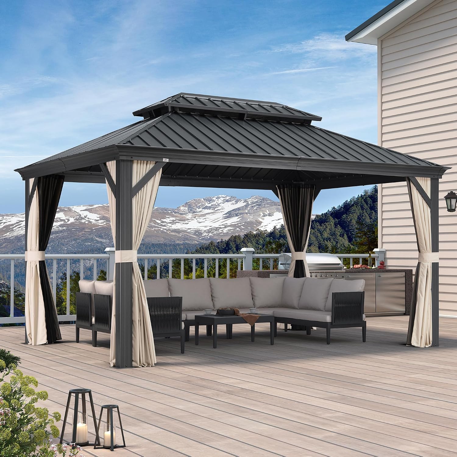 PURPLE LEAF 10' X 14' Aluminum Gazebo with Galvanized Steel Double Roof Permanent Hardtop Gazebo for Patio Lawn and Garden Included Netting and Beige Curtains