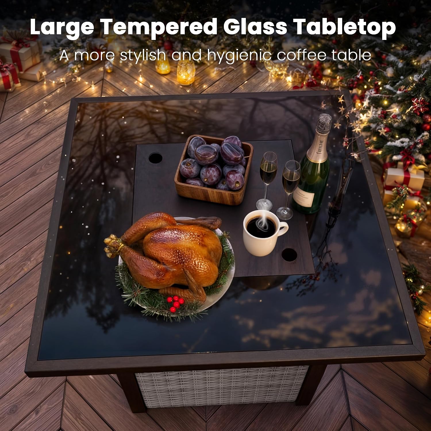Propane Fire Pit Table, Outdoor Fire Pit Table, 28' Rattan Square Outdoor Gas FirePit with Glass Wind Guard, Tempered Glass Tabletop, Lid, CSA Listed, 50,000 BTU, Outside Patio & Garden, Gray-White