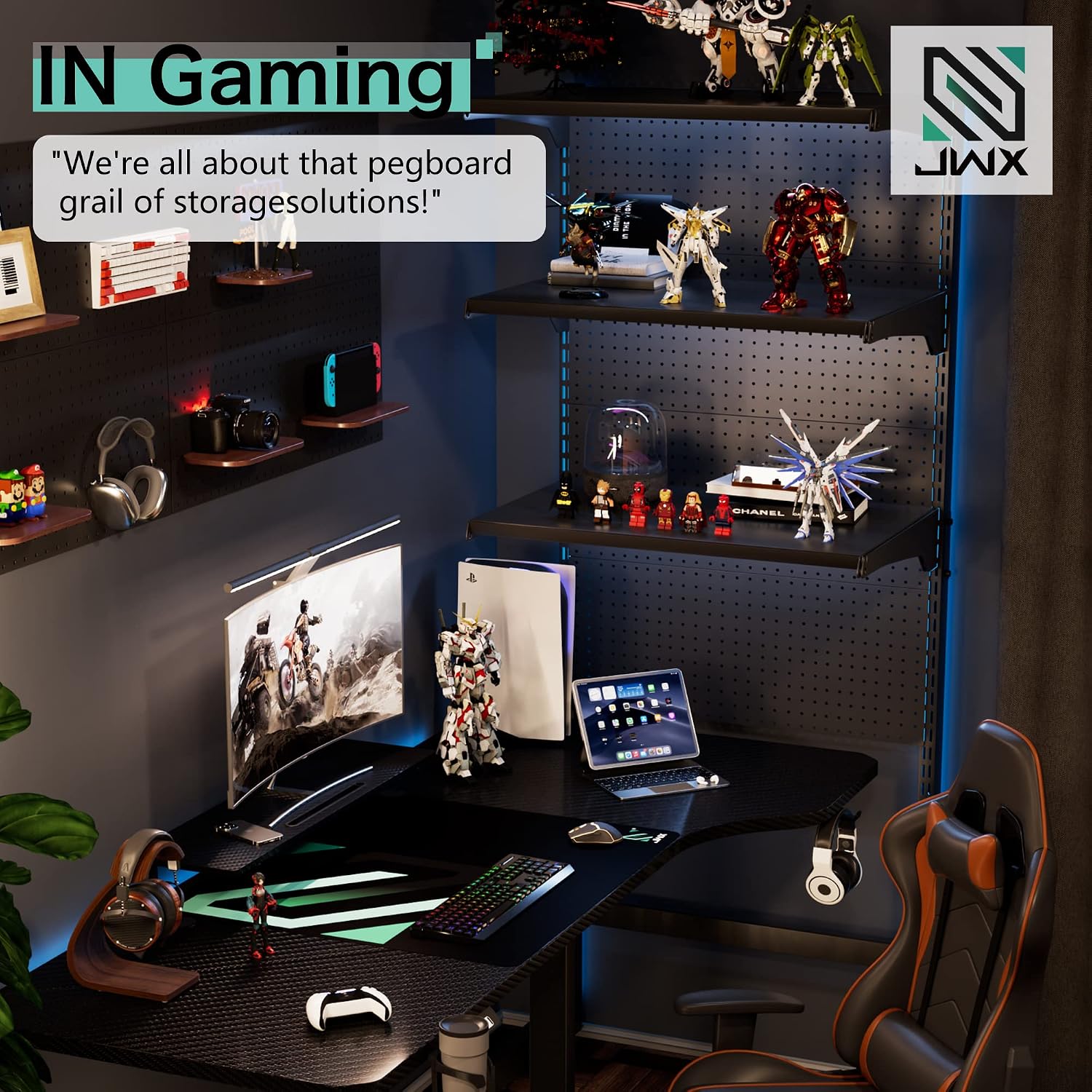 JWX DDB Gaming Standing Shelf Units, 30'' Free Standing Gaming Shelf Pegboard Cabinet with Home Office Metal Pegboard and 15 Pieces Organizer Tool Holders